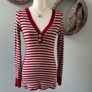 Self Esteem Red and Gray Striped V-Neck Button Pullover